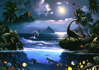 Dinosaurs at full moon