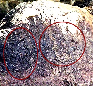 Memphremagog boulder with coastline (left) and Sinclair coat-of-arms (right)